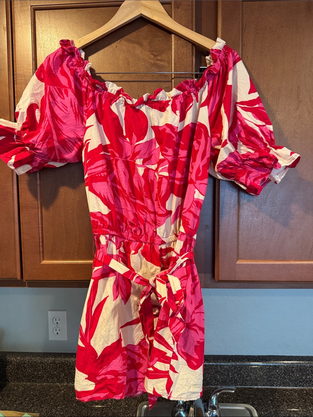 Pink & White Tropical Off-Shoulder Mini ROMPER